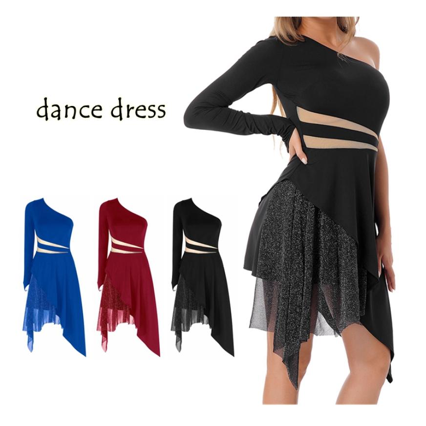Buy Long Sleeve Latin Dance Dress Asymmetrical Hem Patchwork Dresses