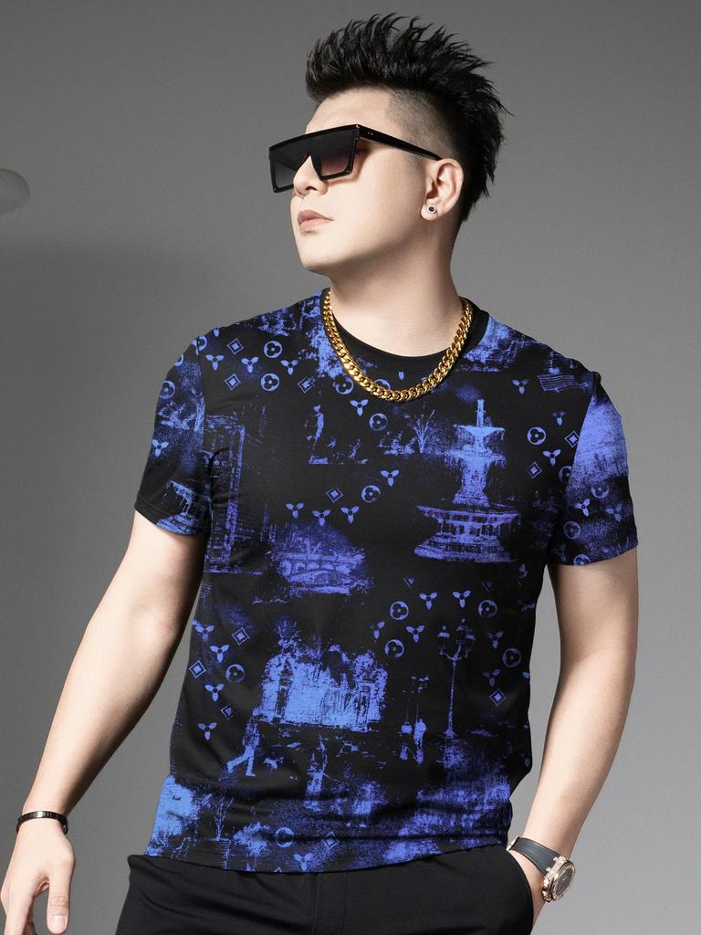 European Goods 2025 Summer New Short-Sleeved T-Shirt Men's Round Neck Half-Sleeved Top Casual Versatile Trendy Brand Printed T-Shirt