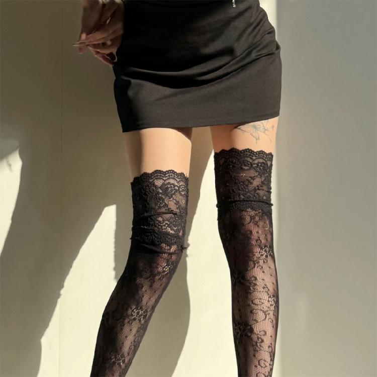 Colorful Fishnet Mesh Over Knee Long Boot Socks for Women Full Lace Flower Pattern Thigh High Stockings Lingerie Hosiery