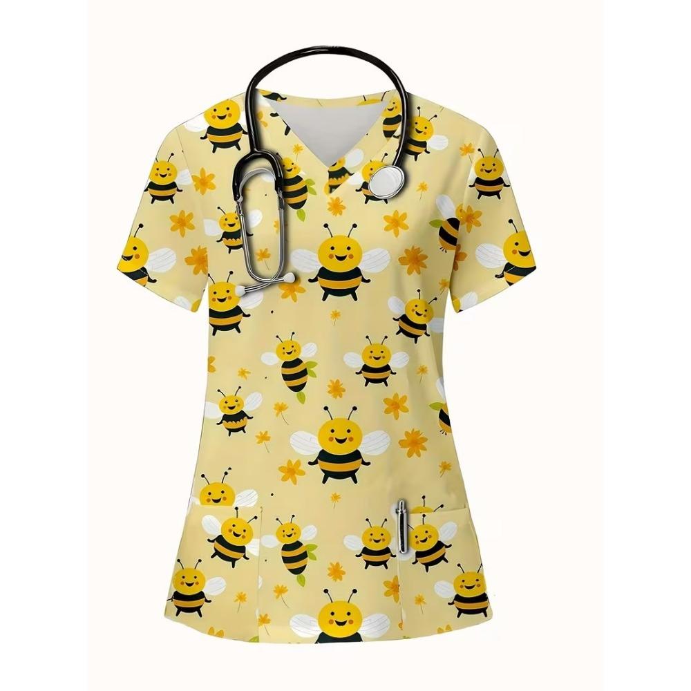 Surgical Gown Women's 3D Printed Nurse Top Summer Fashion V-tie Pocket Short Sleeved Women's Medical Gown