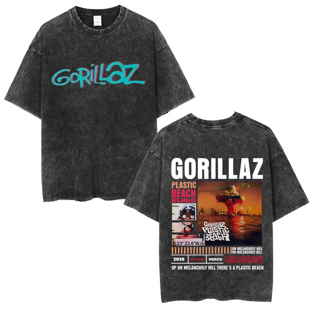 Washed Vintage Rock Band Gorillaz The Mountain Tour T Shirt Men Women Casual Oversized Tshirt Man Retro Rock Gothic Tshirt