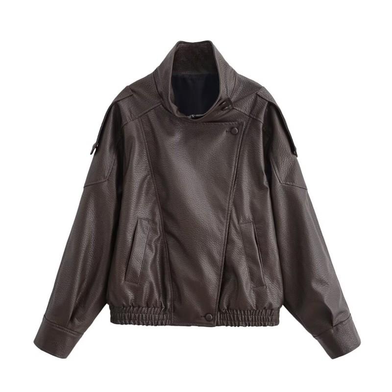 Womens Stand Collar Long Sleeve Faux Leather Jacket With Texture Streetwear Oversized PU Coat Fall 2026