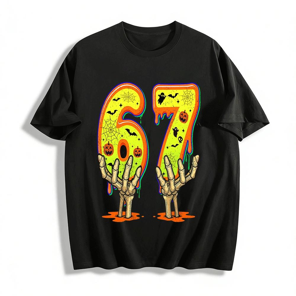 Halloween Themed Skeleton Hands Holding Number 67 Print Casual Top Pure cotton T-shirt XXS