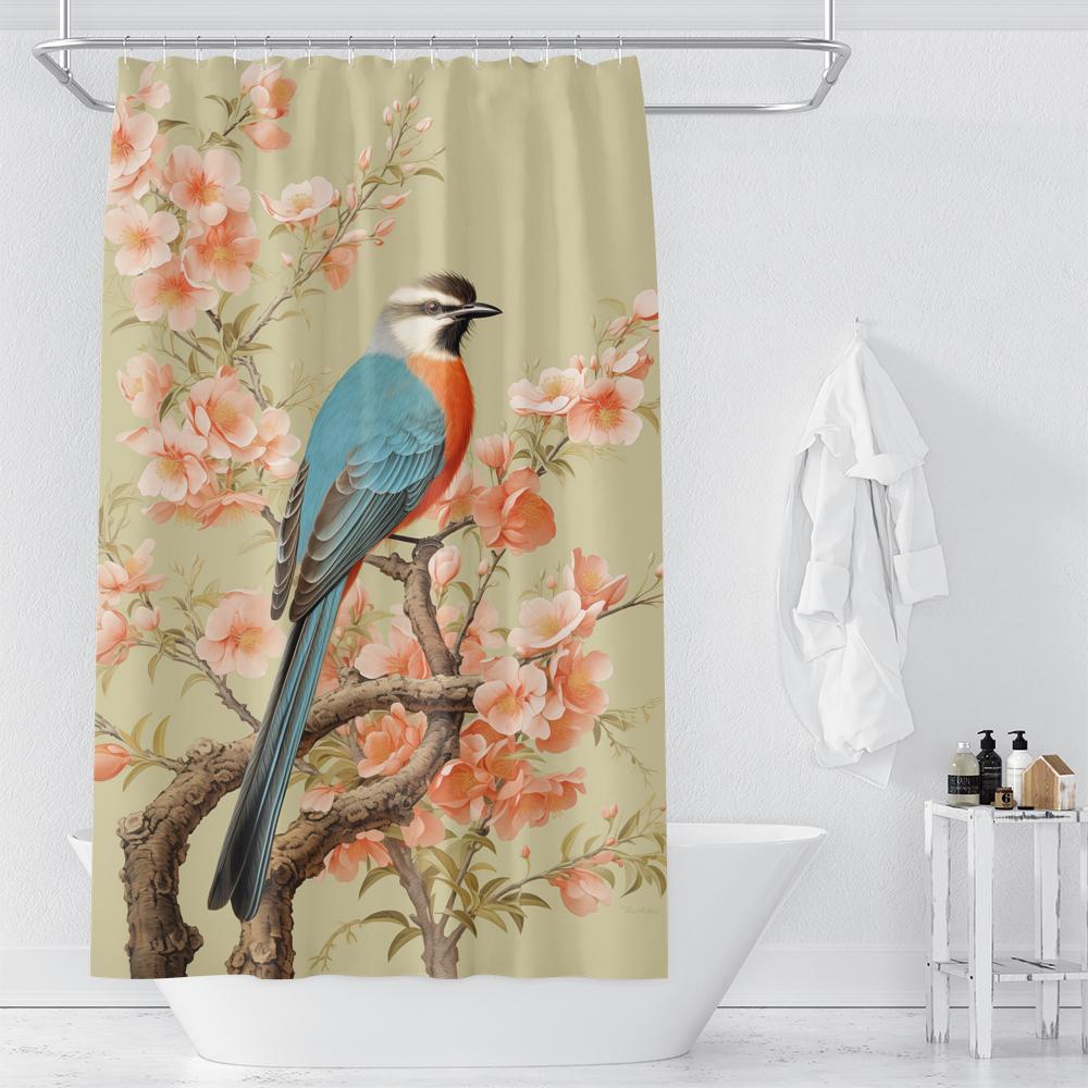 Watercolor Floral and Birds Floral Shower Curtain with Hooks - Waterproof and Minimalist Design for Bathroom Home Decor Curtain