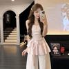 Especially Beautiful Waist Pinched Pink Striped Tube Top Women's Summer Lace-up Waist Thin Girl Off-the-shoulder T-shirt