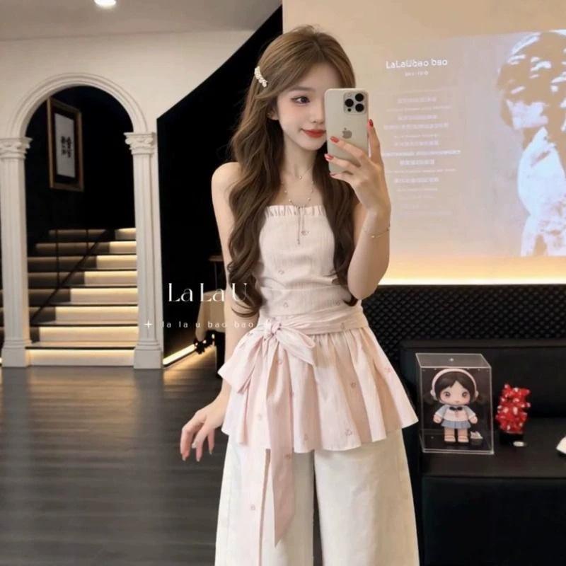 Especially Beautiful Waist Pinched Pink Striped Tube Top Women's Summer Lace-up Waist Thin Girl Off-the-shoulder T-shirt