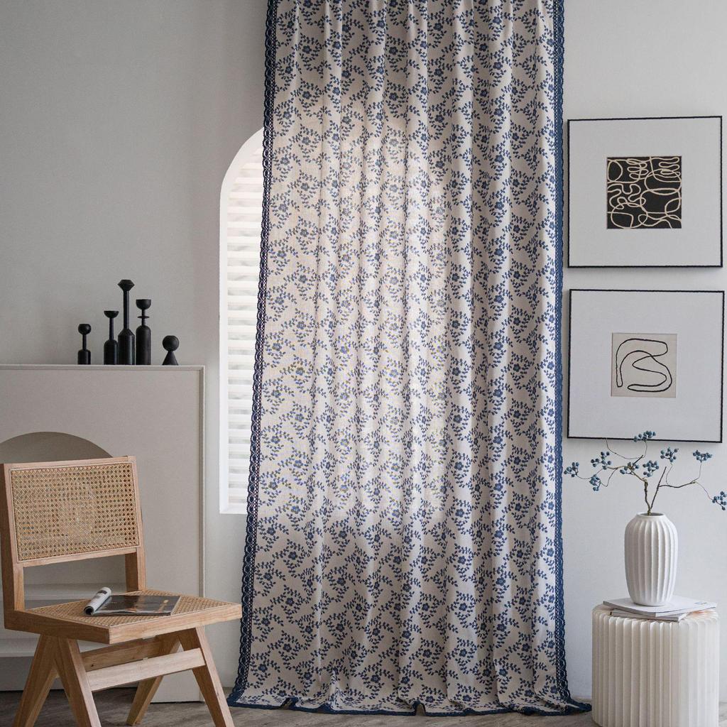 Yimanqiyun Blue Plum Blossom Print Semi-Blackout Kitchen Curtain