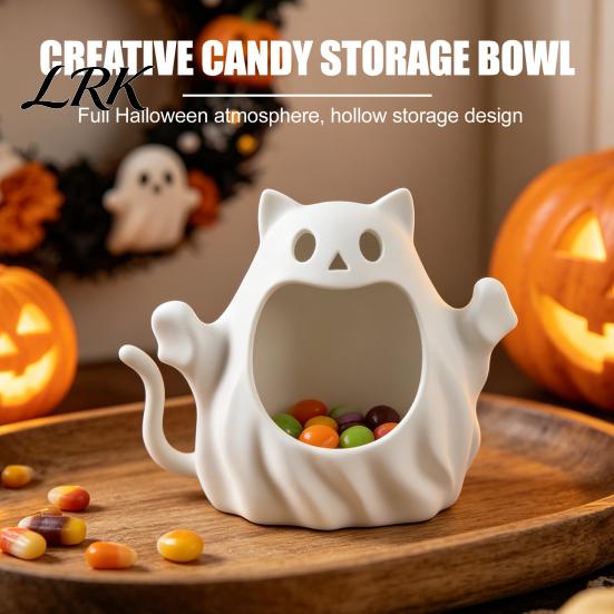 Decorative Tabletop Figurines 3D Printed Halloween Ghost Cat Storage Holder, Kitten Statue with Indoor Entryway Table Decor Hollow Storage,