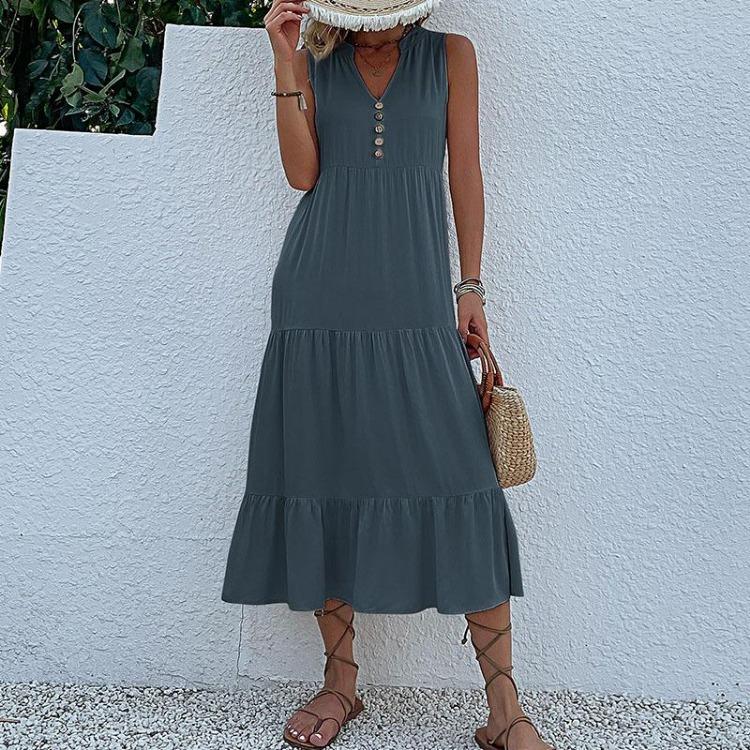 Robe d'été pour femme, coupe trapèze, longueur genou, sans manches, couleur unie, col en V