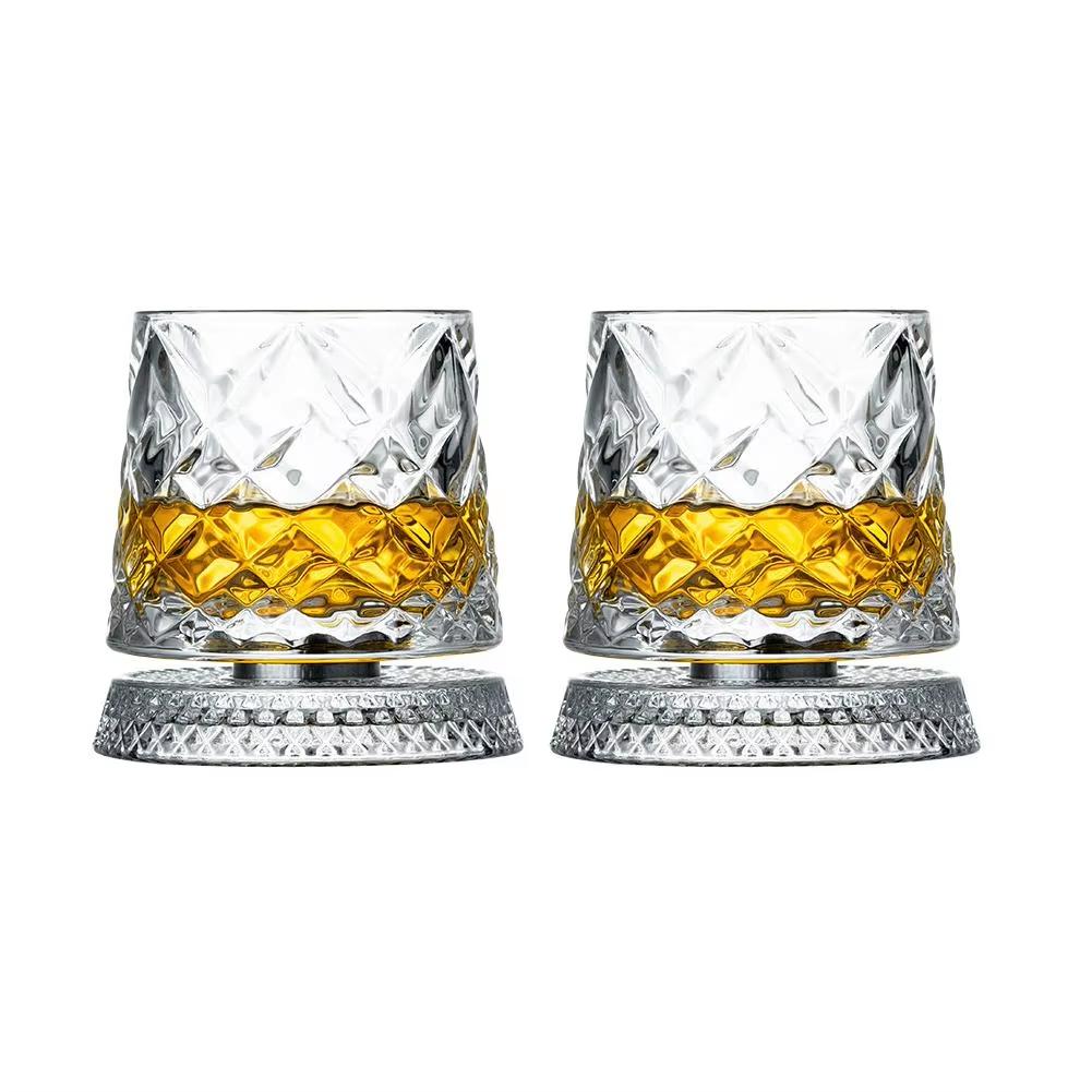 2PCS Whiskey Glasses Rotating Whisky Glass With Glass Base 360 Rotate Degrees Crystal Rum Glass For Cocktail Party Drinking Gift 301ml