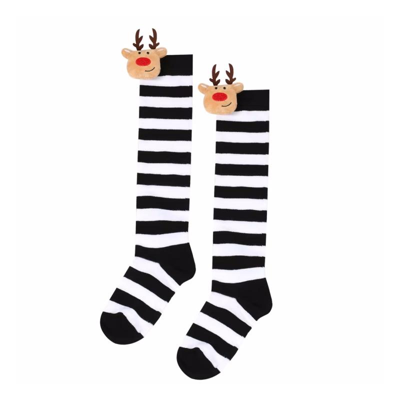 Winter Children's Stockings Striped Christmas Elk Doll High Tube Socks For Girls Boys Knee High Kids Long Sock New Year One Size