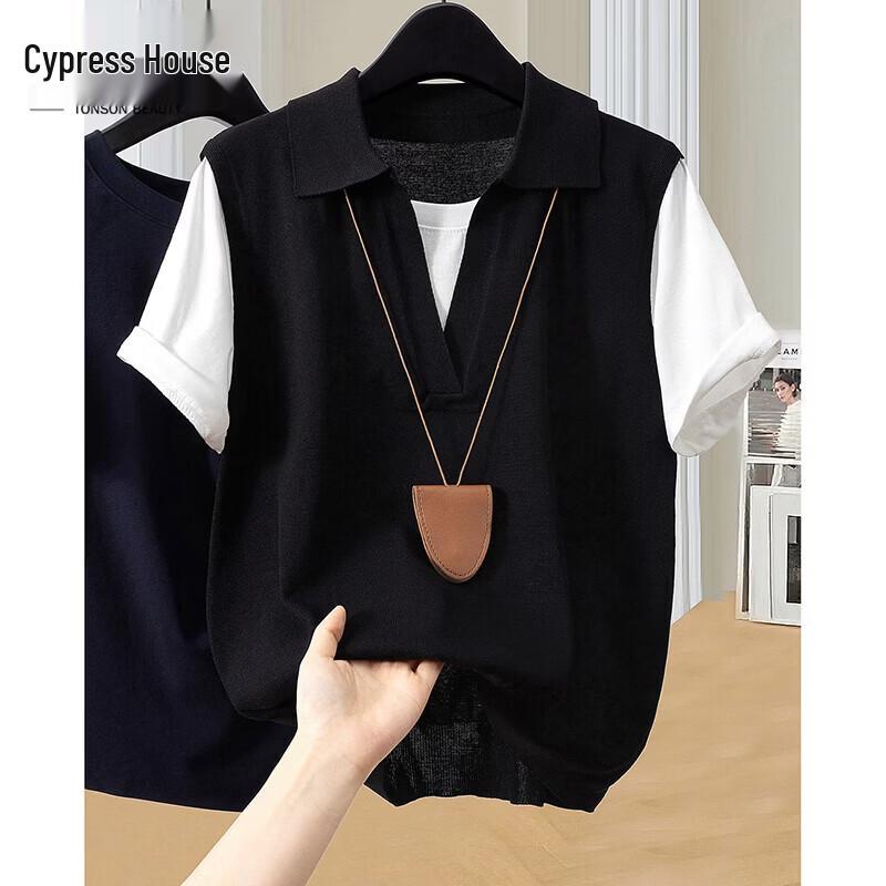Women s Color-block Faux Two-piece Knitted T-Shirt S