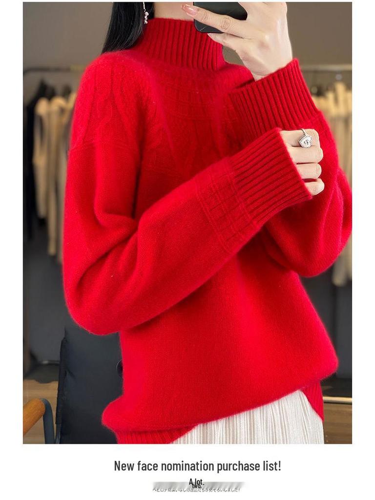 Women's Cashmere Sweater, 100% Wool, Semi-High Neck, Loose Fit, Perfect for Autumn and Winter.
