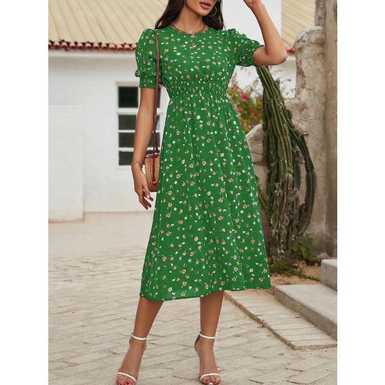 Women Summer Puff Sleeve High Waist Floral Midi Vacation Print Long Comfortable Lightweight High Recognition Elegant with Flattering Chic Dress