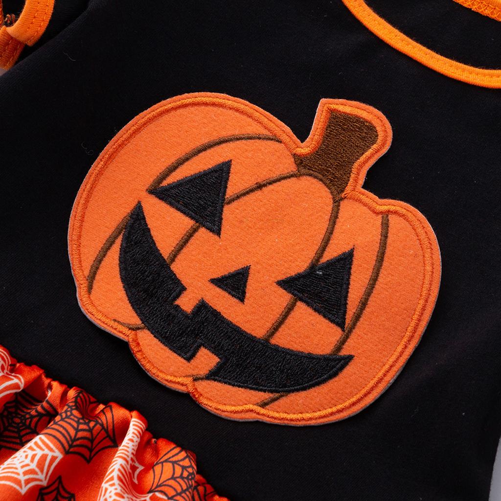 Dziewczęcy Zestaw Ubraniowy 2PC Sukienka z Krótkim Rękawem i Nadrukiem Dyni oraz Spódniczka Tiulowa z Opaską na Głowę Strój na Halloween
