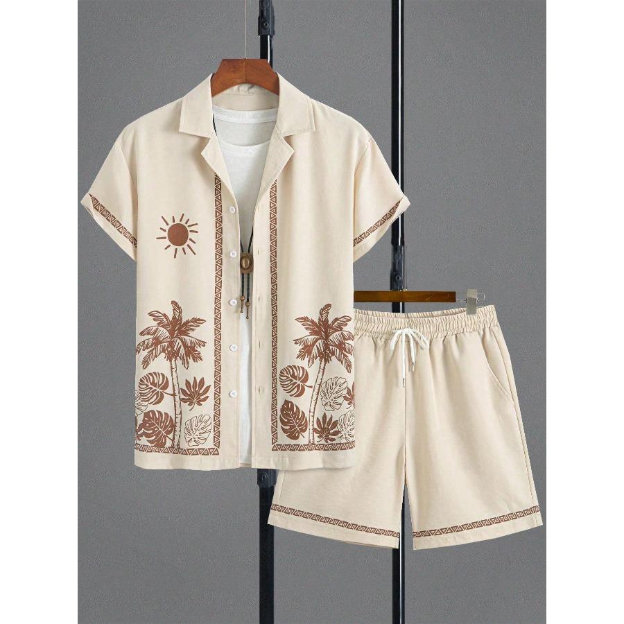 Heren Hawaiiaanse Stijl Korte Mouw Shirt en Strandshorts Set Casual Strandvakantie Shirt XL beige