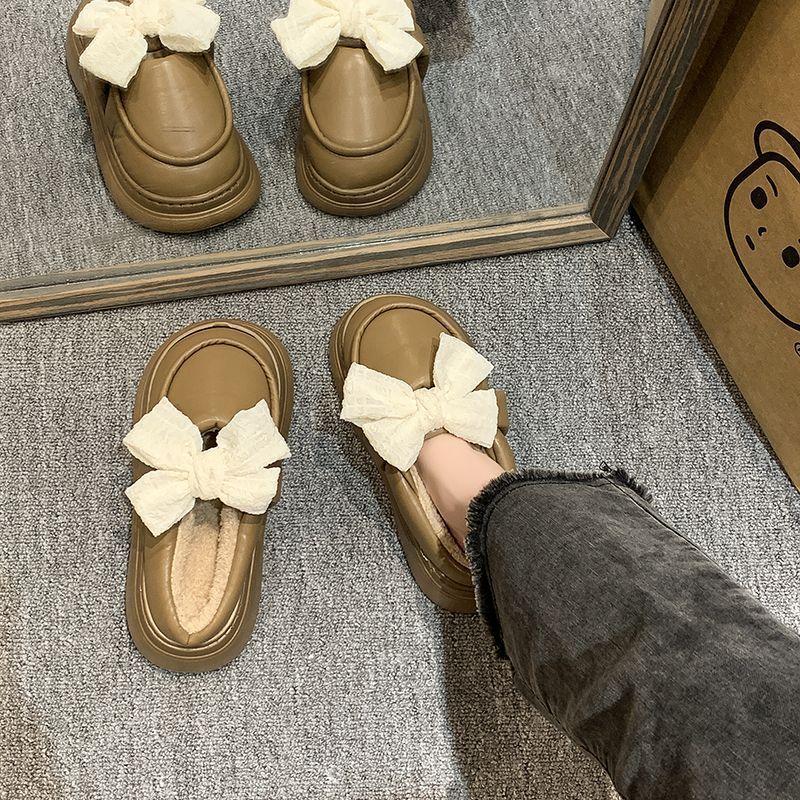 Thick-soled Women's Thermal Cotton Slippers Bow Mary Jane 2025 Autumn and Winter New Outer Bag Shoes