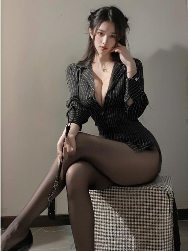Exotic Summer Fashion Women'S Clothing New Long Sleeved Sexy Striped Secretary Professional Uniform Slim Fit Lapel Shirt Bsel