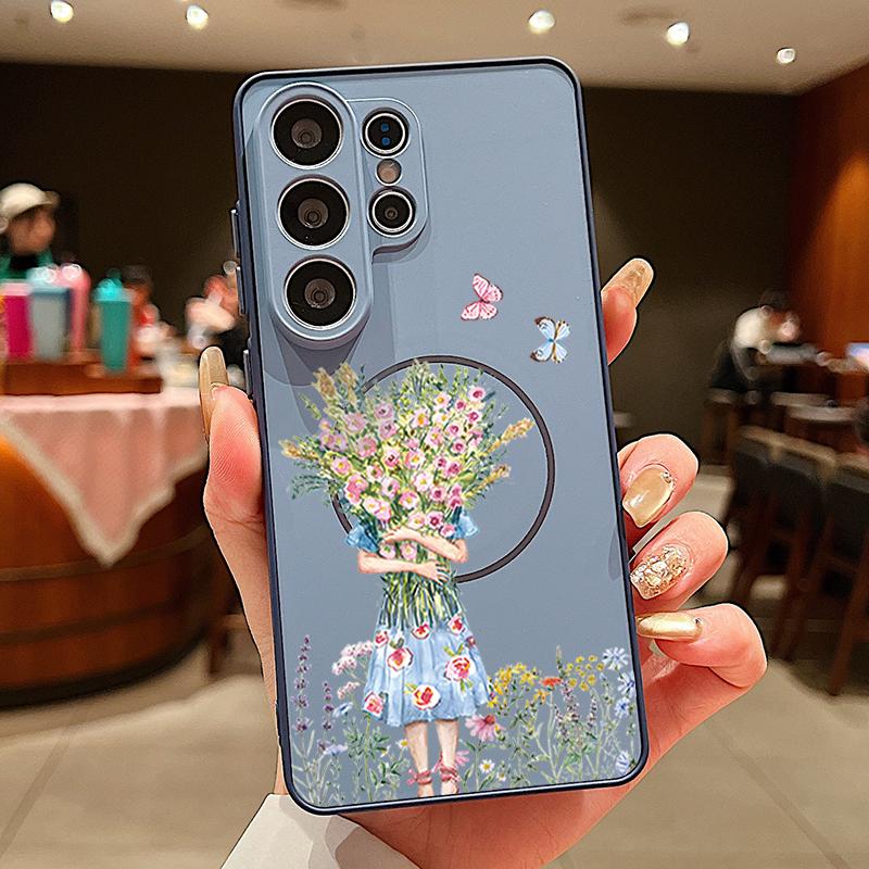 Cartoon Flower Girl Pattern Case For Samsung Galaxy S26 Ultra S25 Edge S24 Plus S23 FE S22 A54 A55 A56 5G Magnetic For Magsafe Matte Cover