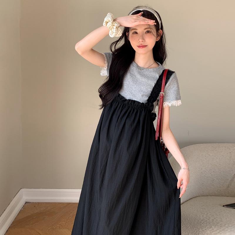 Summer 2026 Maternity Elastic Pleated Strap Dress & Lace Patchwork T-shirt Set XXL
