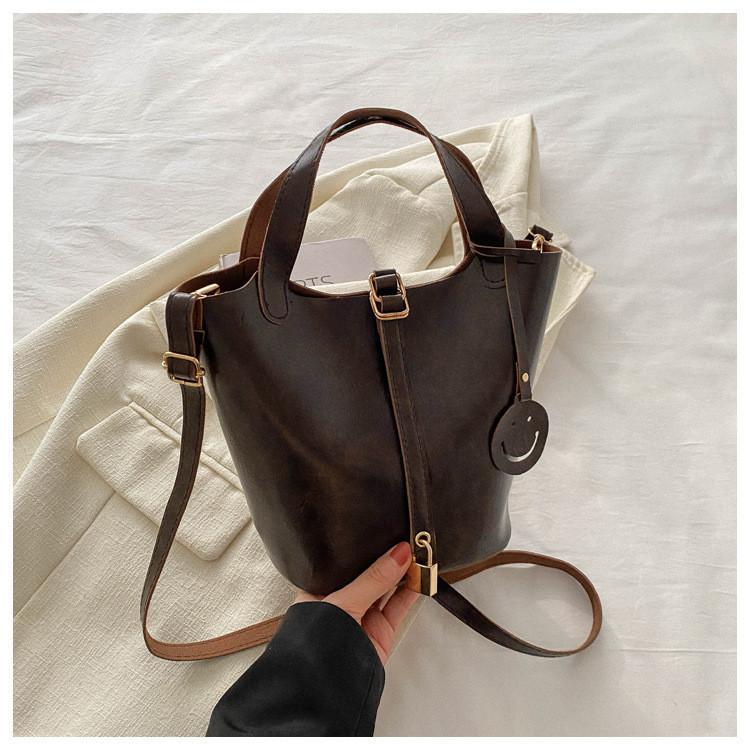 Trendy European American Vintage Pu Bucket Shoulder Handbag For Women In 2024 Winter DarkBrown