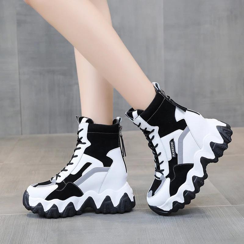 Spring Women Thick Sole Ankle Boots Autumn Luxury Platform Casual Boots Women's 8cm High Heels Wedge Boots Shoes Woman Sneakers