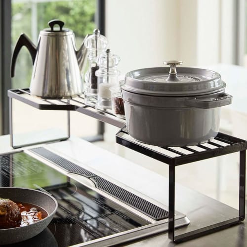 Yamazaki Exhaust Vent Cover Over-Stove Rack for 75cm Stoves, Black, Approx. W82.5 x D18 x H15cm, Tower-Shaped, Tall Pot and Pan Rest, 5267