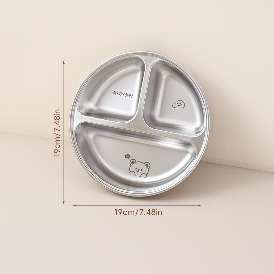 3 Compartment Cute Round Children Food Plate 304 Stainless Steel Divided Dinner Plate Fruit Salad Plates Dishes Dishwasher Safe