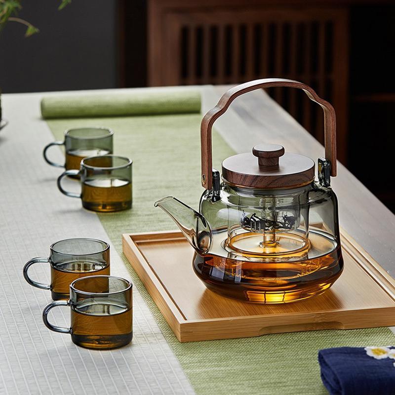 Wooden Handle Glass Teapot with Infuser Gray Transparent Glass Kettle Heat-Resistant Tea Coffee Pot Portable Tea Pot Teaware