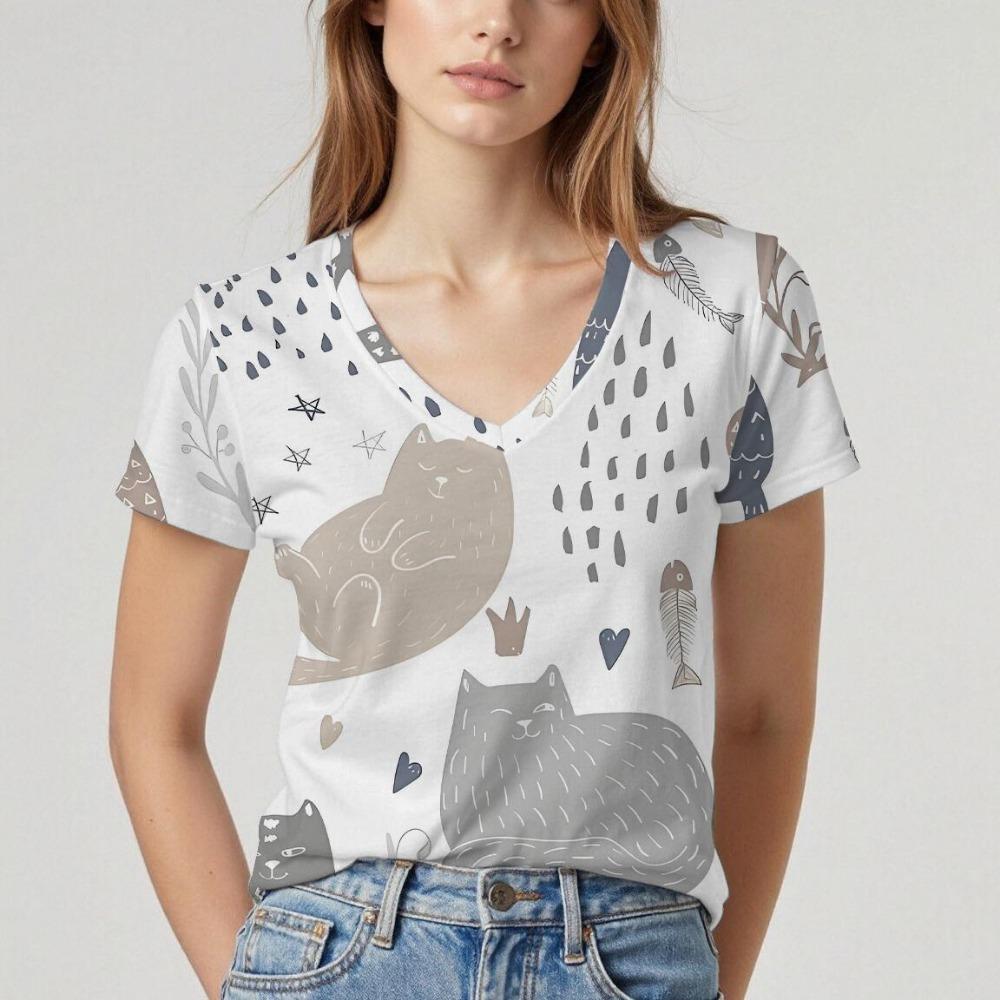 

New V-neck Women s Short-sleeved T-shirt with Cat Pattern Design. Summer Top with Soft Texture, Comfortable and Breathable S