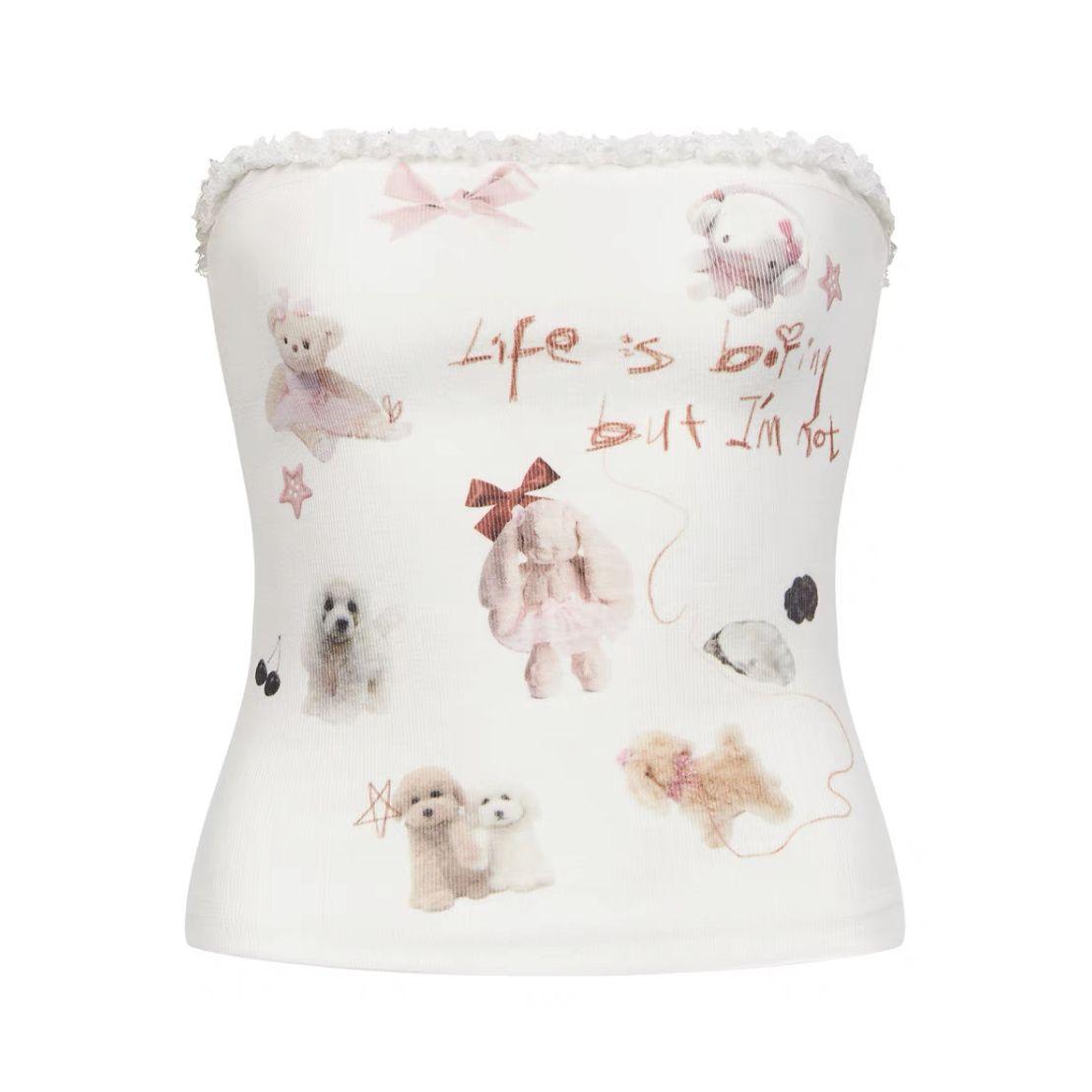 

Японский повседневный укороченный топ для женщин с милым принтом, кружевная блузка без рукавов, летняя кавайная пляжная одежда, облегающая винтажная одежда, корейская мода S белый