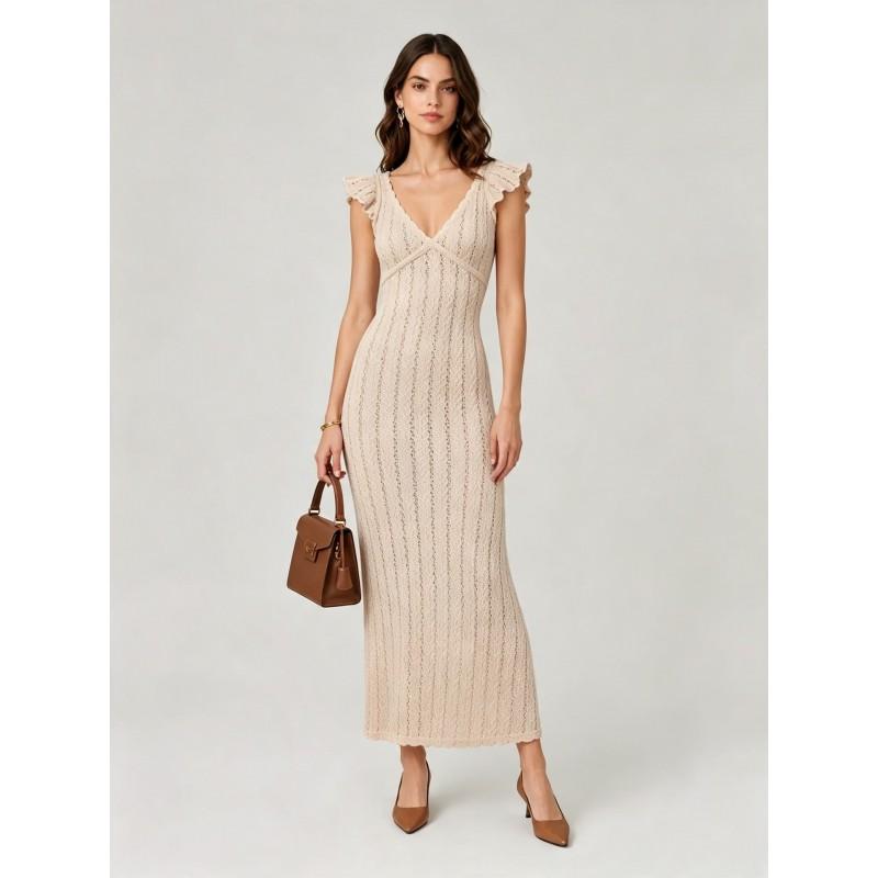 Womens V-Neck Knit Dress Hollow Out Ruffle Sleeve Slim Fit Elegant Long