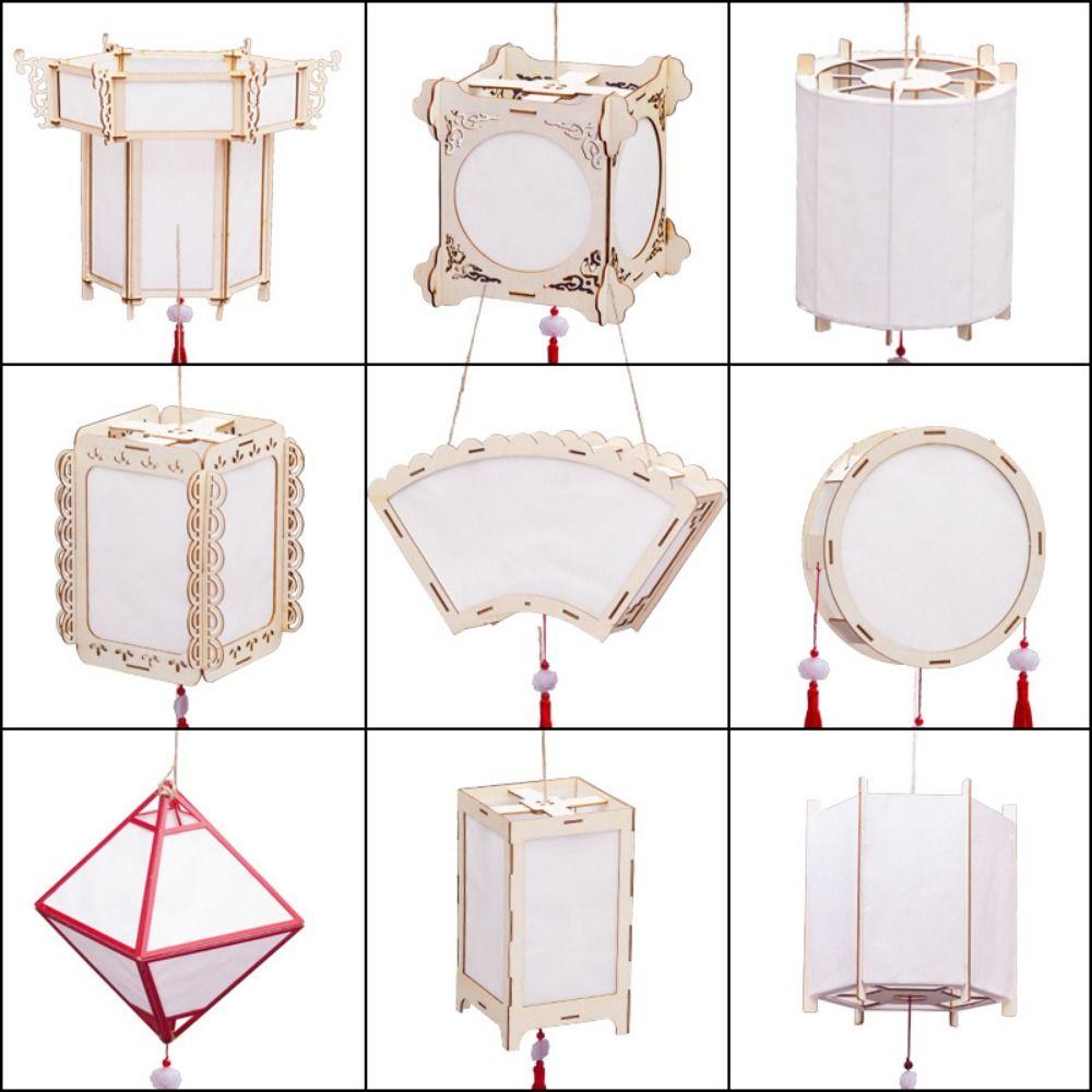 Portable Wooden Mid-Autumn Festival Lantern Creative Chinese Style Handmade Hanging Lamp LED Light Drawing DIY Flower Lamp Gift