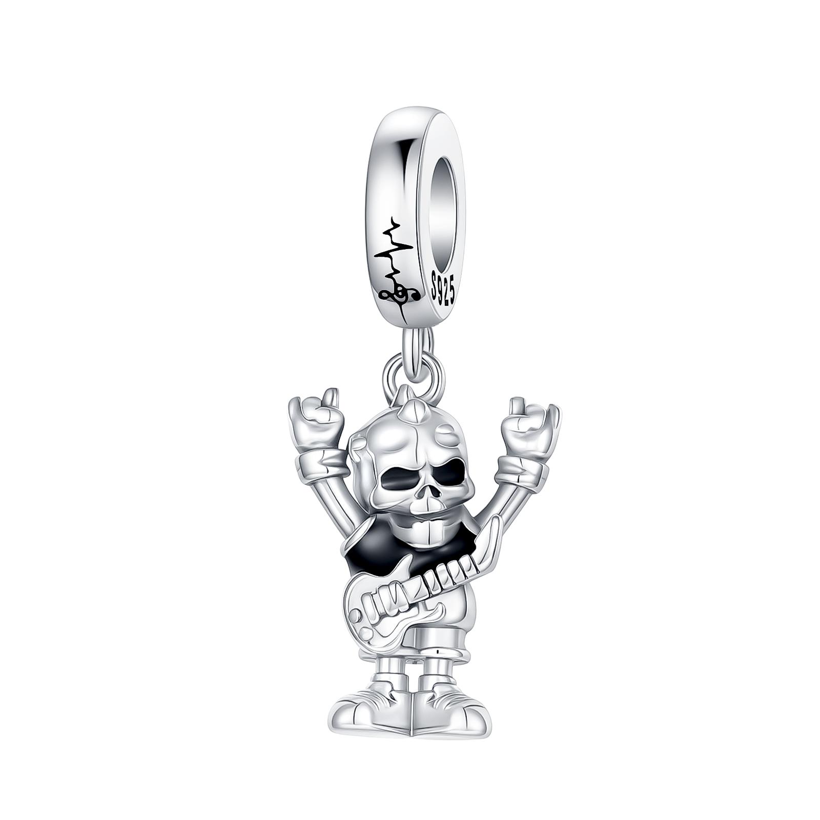 925 Silver Punk Gothic Skeleton & Guitar Charms Rock & Roll Skull Black Cat Beads fit Bracelets DIY Jewelry Gift