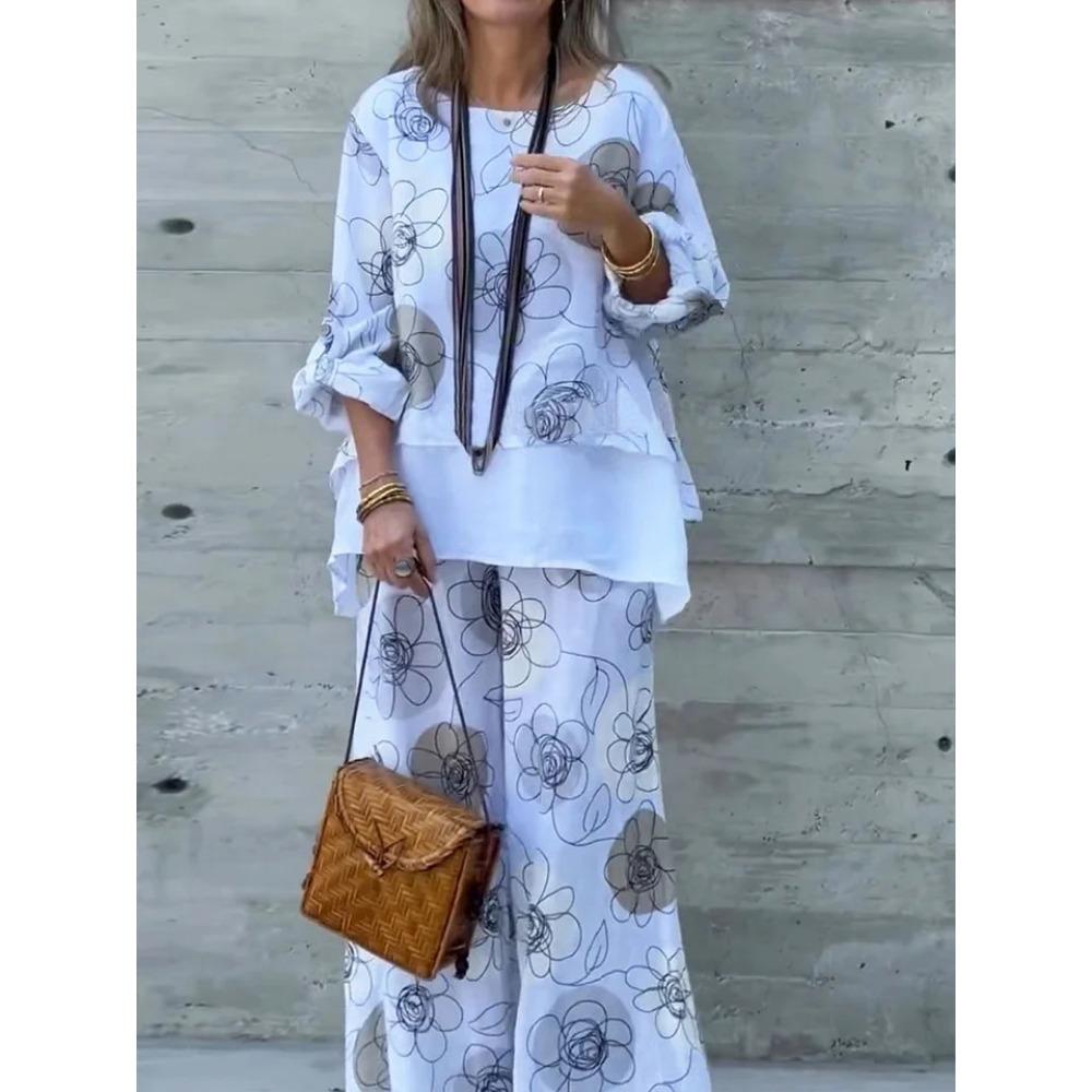 Autumn New Collection of Women's Round-neck Printed Fashionable Casual Two-piece Loose Trousers