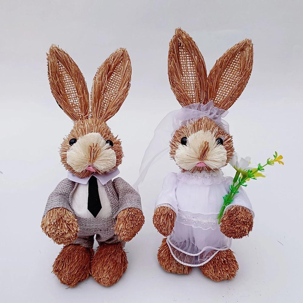 23cm Yard Party Home Easter Decor Woven Straw Bunny Rabbit Sculpture Statuette Easter Ornament