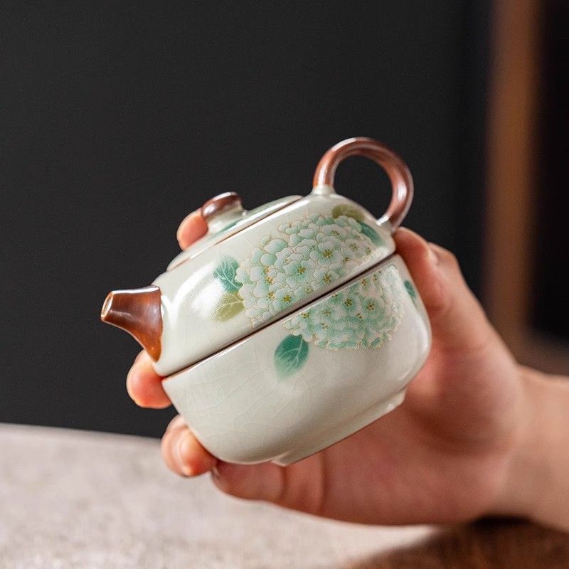 Ru Kiln Travel Tea Set 1 Teapot and 1 teacup, Ceramic Quick Cup, Simple Kung Fu Teaware Infuser, Portable Bag