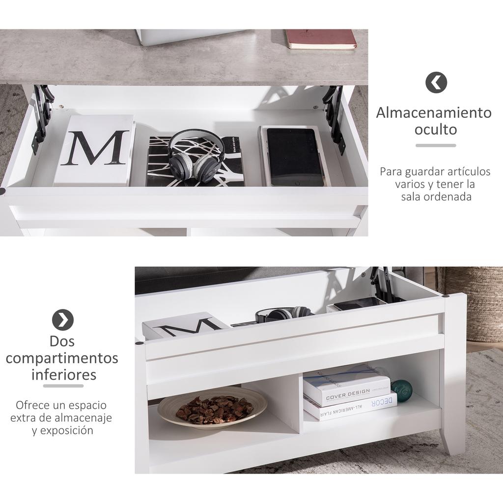 Lift-Top Coffee Table Coffee Table with Lift-Top Surface 2 Open Compartments and Hidden Storage Space 105x50x49 cm White and Marble Effect
