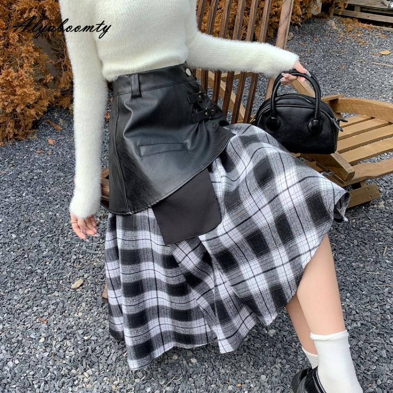 Korean Style Autumn Winter Women Stylish Skirt Black Brown Woolen Plaid Patchwork PU Skirt Elegant Feminine 2 Pcs Skirt