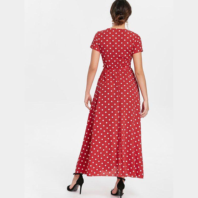 Women Short Sleeve V Neck Swing Dress With Elegant Polka Dot Print And Slit Detail