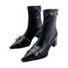 2025 Autumn and Winter Pointed Belt Buckle Thick Heel Short Boots Women's European and American Style High Heel Rear Zipper Soft Leather Thin Short B