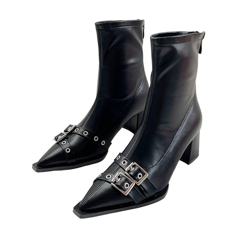 2025 Autumn and Winter Pointed Belt Buckle Thick Heel Short Boots Women's European and American Style High Heel Rear Zipper Soft Leather Thin Short B