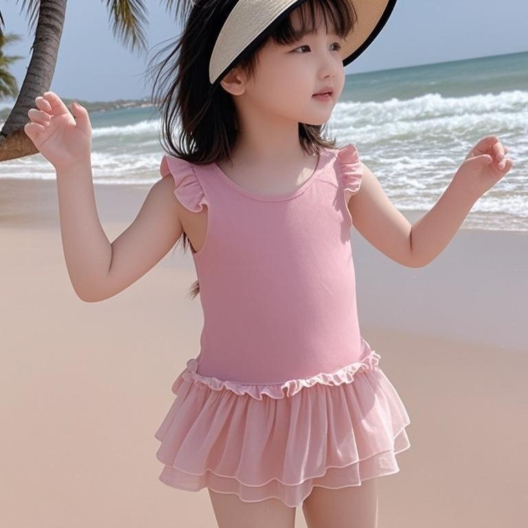2025 Girls' One-Piece Skirted Swimsuit - Cute Princess Style, Solid Color Baby Swimwear