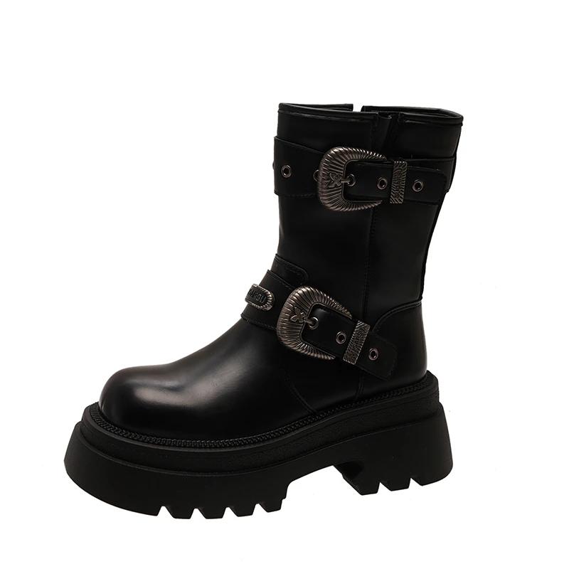

Women Ankle Boots 2025 Winter New Buckle Strappy Square Toe Mid Heels Chelsea Boots Leather Zippers Women Knight Boots 35 чёрный