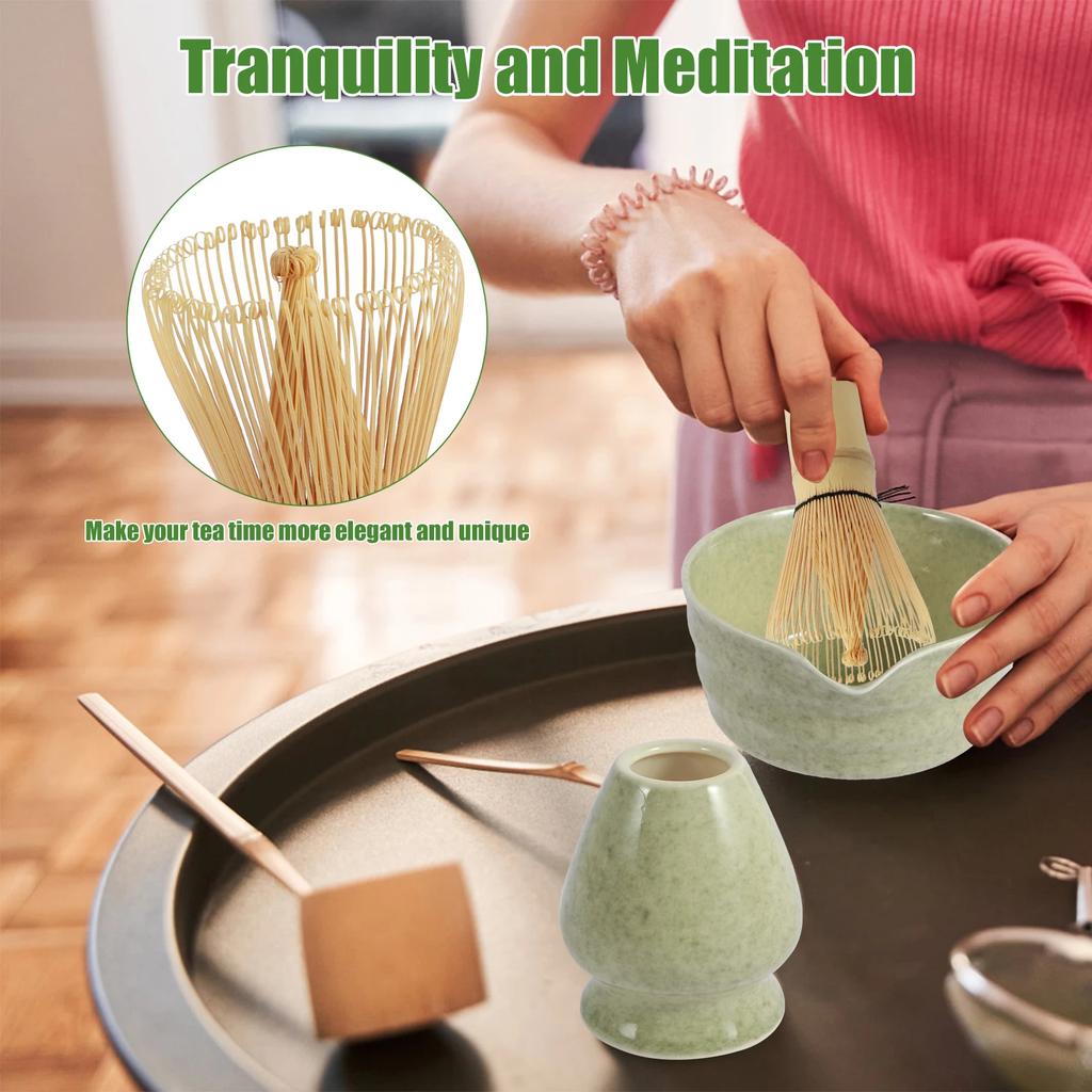 4Pcs Whisk Set Elegant Matcha Tea Set Reusable Matcha Making with Ceramic Matcha Bowl Whisk Holder for Tea Lovers