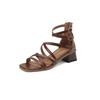 Strap-on Roman Sandals Women's 2025 New Brown Vintage Thick Heel Design Sense Ultra High Heel