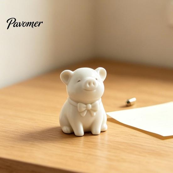 Smooth Surface Pig Statue 3D Printed Cute Bow Tie Figurine, Matte Cream White, Minimalist Animal Decor Statue, Car Dashboard Decoration Compact
