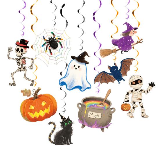 48 Pcs Halloween Hanging Swirls Decoration Spooky Ceiling Spiral Streamer with Spider Pumpkin Ghost Sign for Halloween Home Decor