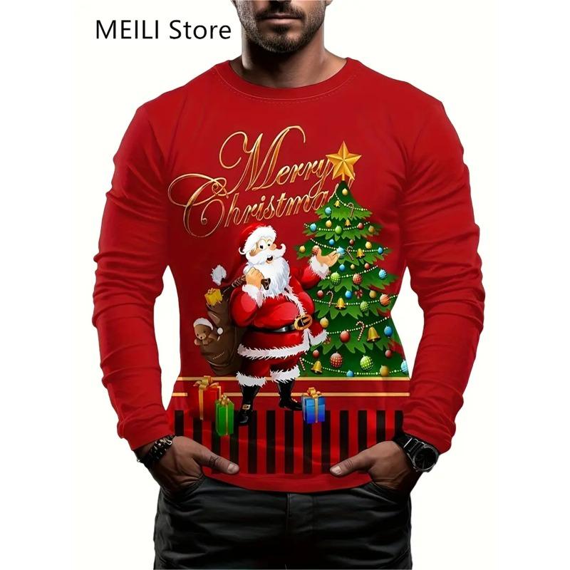 Christmas Muscle Print Tee Men's Clothing Casual Streetwear 3D Printed Top Christma Long Sleeve Oversize O-Neck T-Shirts for Men