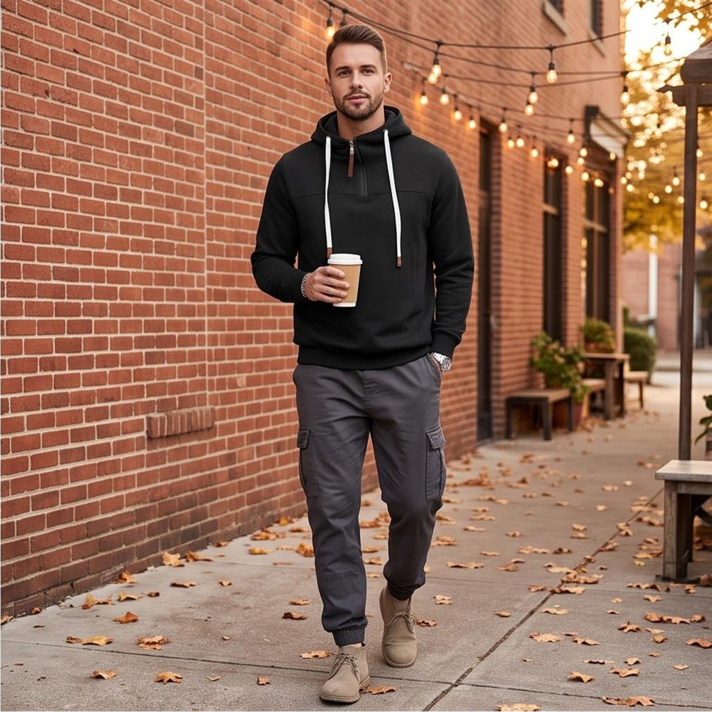 Men's Half Zip Pullover Hoodie Lined Casual Loose Fit Sweatshirt